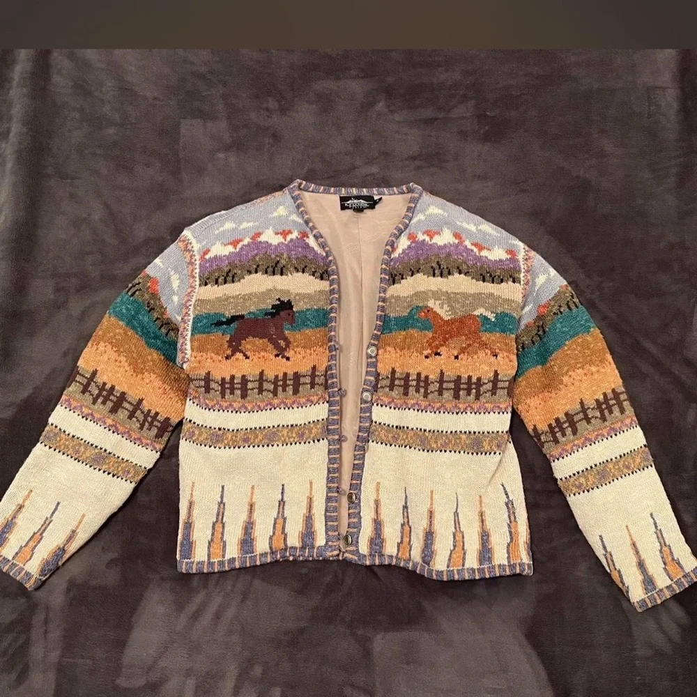 Icelandic Designs Colorful Horse pony western Pattern Cardigan M EUC - Picture 12 of 12